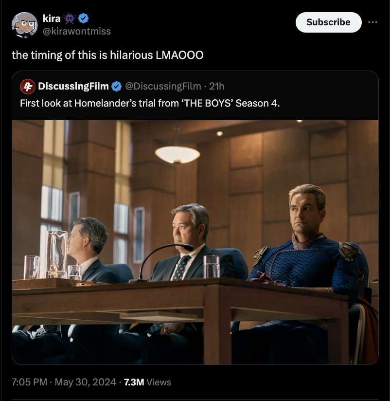 Homelander - kira the timing of this is hilarious Lmaooo DiscussingFilm DiscussingFilm 21h First look at Homelander's trial from 'The Boys' Season 4. 7.3M Views Subscribe